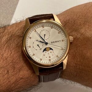 Berny quartz moon phase watch, 2190M, gold tone w brown leather strap, working